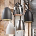 Pendant lights, metal pendants hung at different heights.