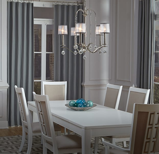 Quoizel WHITNEY 5 light chandelier in imperial silver with organza shades