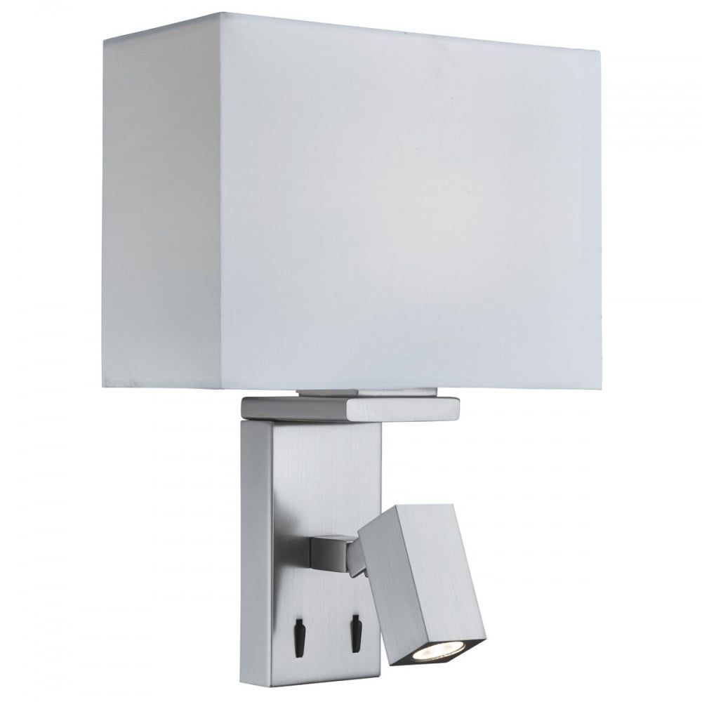 Lighting Catalogue WALL light in satin silver with white shade and LED reading arm