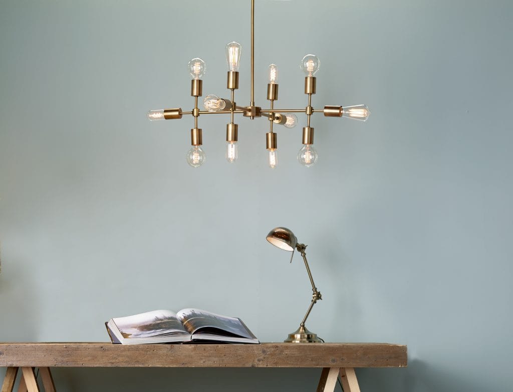 The Lighting Book CODE Multi Arm Light Fitting in old gold. A linear grid shape with midcentury charm, highly sculptural by The Lighting Company UK