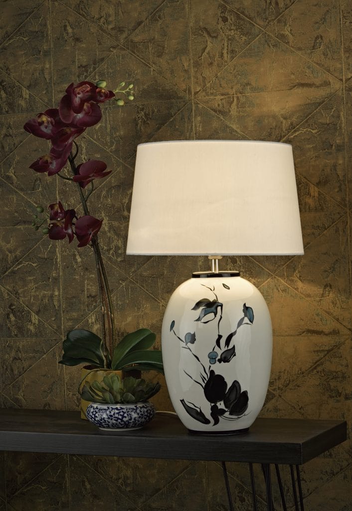 The Lighting Book FIONN ceramic table lamp with floral detail and linen shade