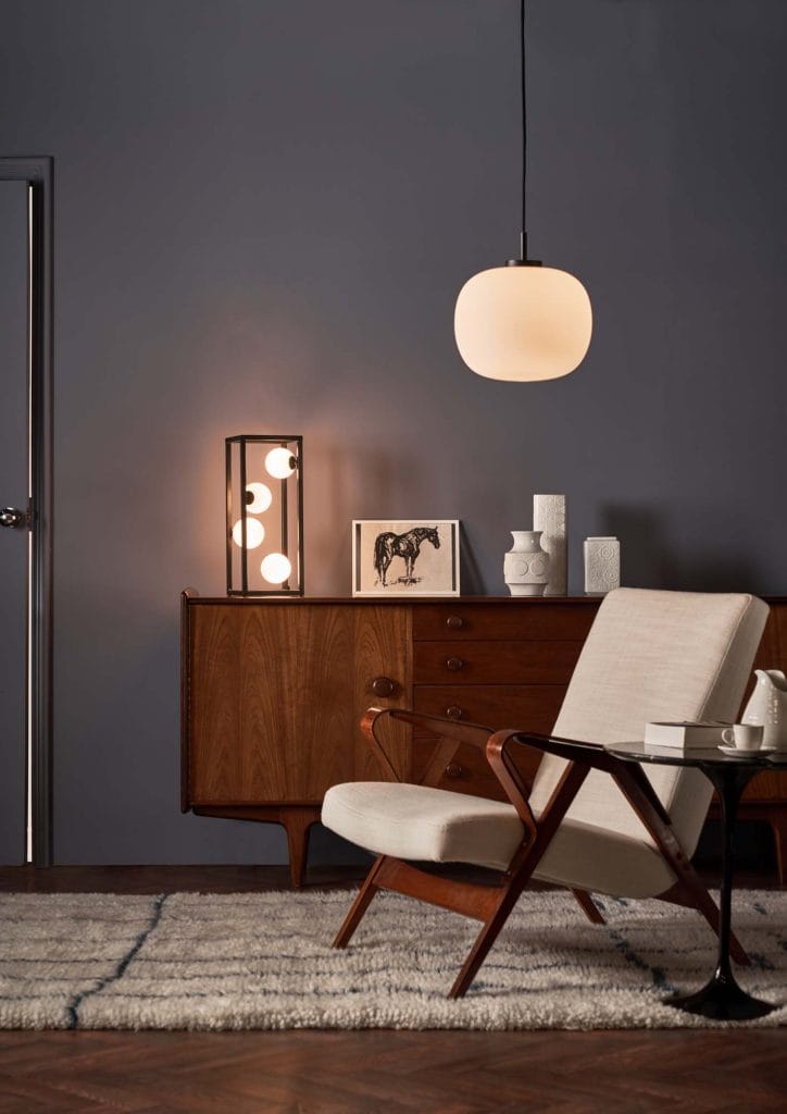 The Lighting Book Vol: 2 ENSIO Table Lamp Matt Mid Century style Black & Opal Glass