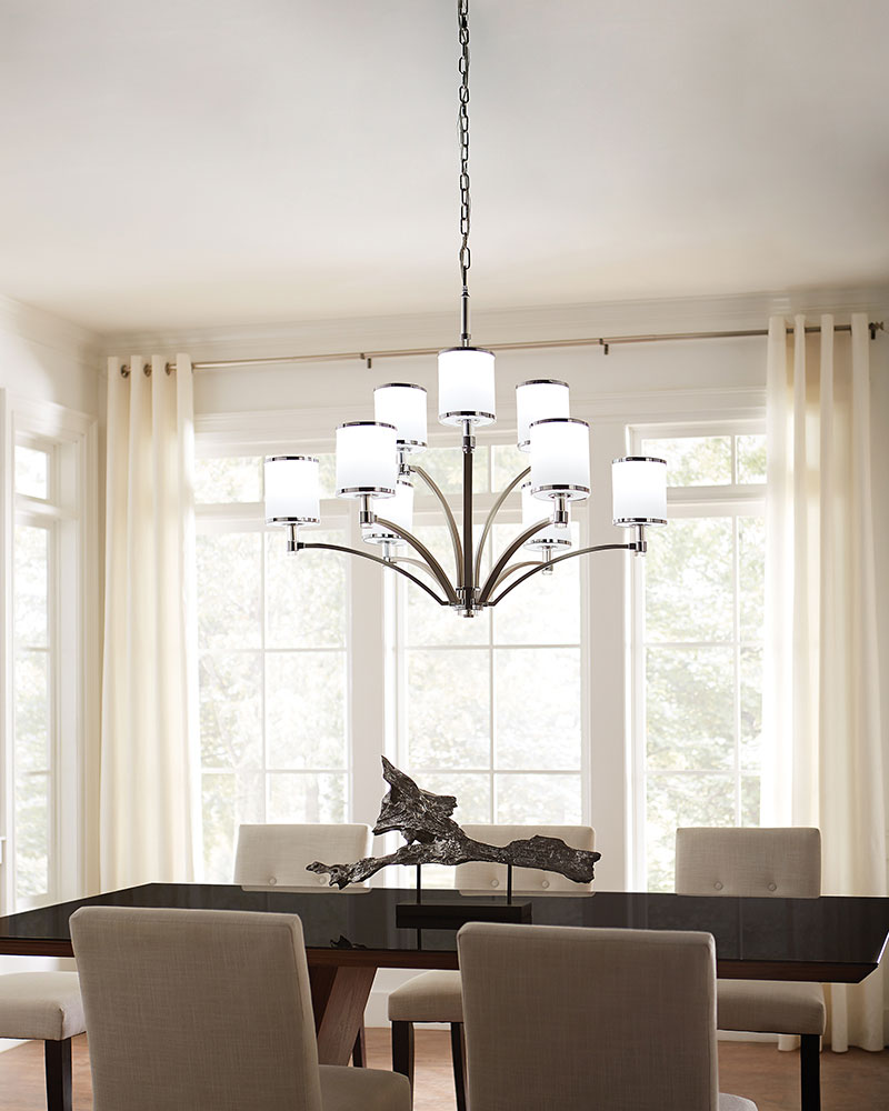 Lighting Company UK PROSPECT PARK 9 light chandelier in nickel and chrome with opal glasses