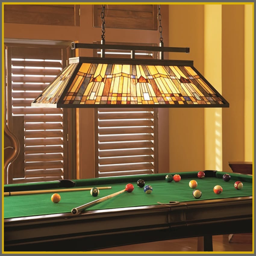 INGLENOOK Tiffany 3lt island chandelier with bronze suspension and Art Deco geometric glass panel shade
