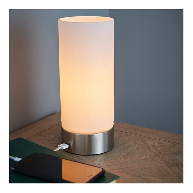 Touch lamp, with USB port in brushed nickel finish.