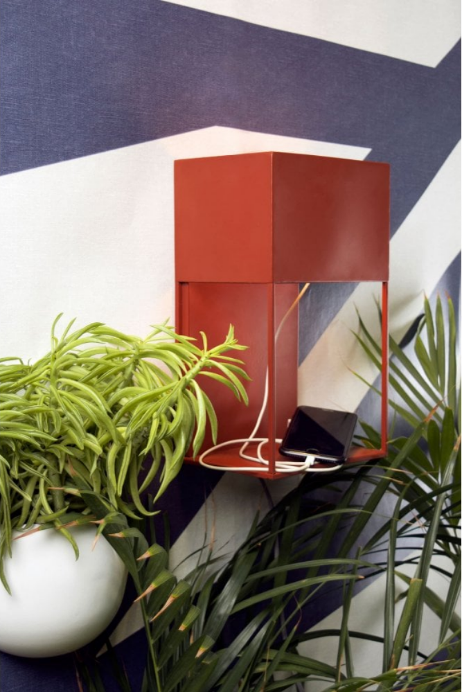 BOX wall light in red finish with USB charger and shelf