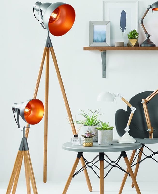 CHARLESTON Grey Metal andNatural Wood Tripod Floor Lamp