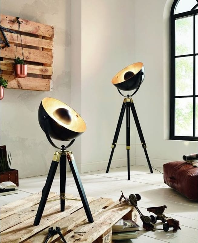 COVALEDA Black, Brass and Gold Tripod Floor Lamp