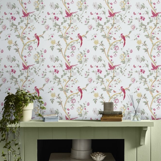 Laura Ashley wallpaper around a fire place