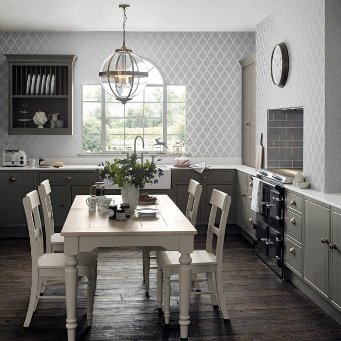 A diamond wallpaper feature wall in a kitchen