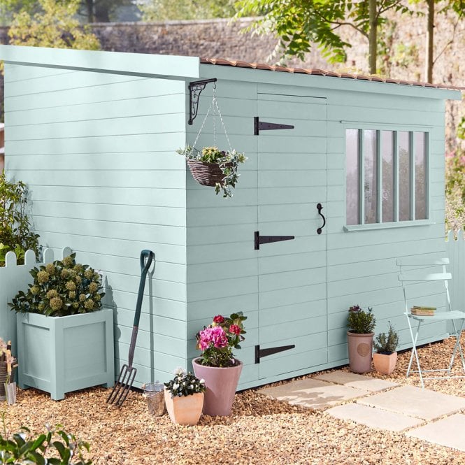 Blue painted gardening shed 