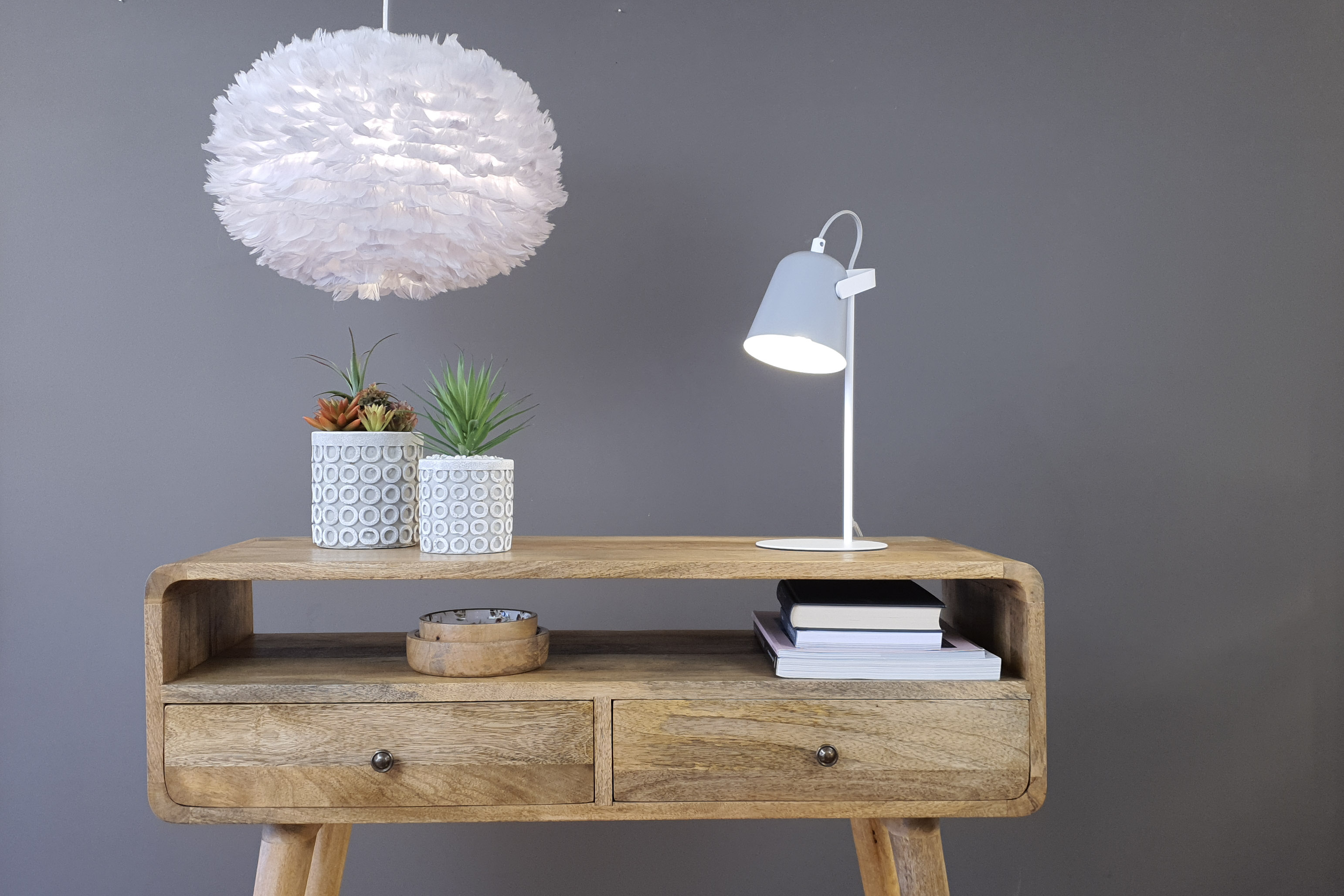 Desk with table lamp, and pendant light