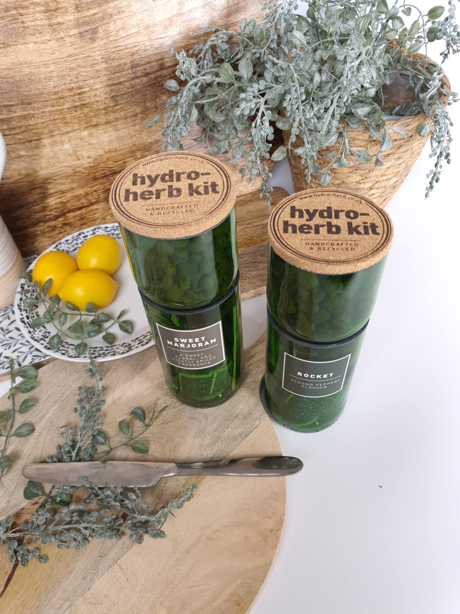 Hydro-herb kits surrounded by chopping boards 