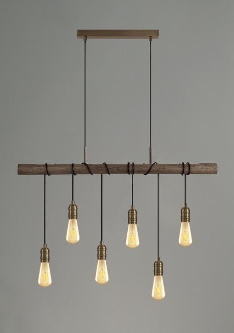 wooden pendant bar with 6 bulbs hanging.