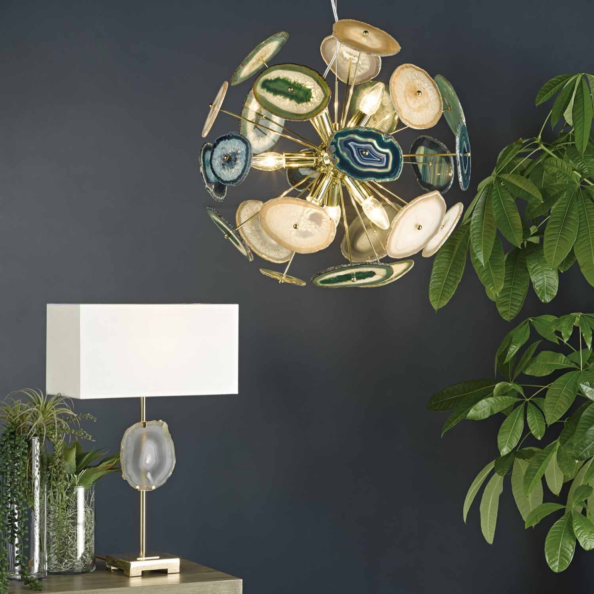 The Lighting Book ACHATES 9 light mineral stone sputnik pendant with gold structure
