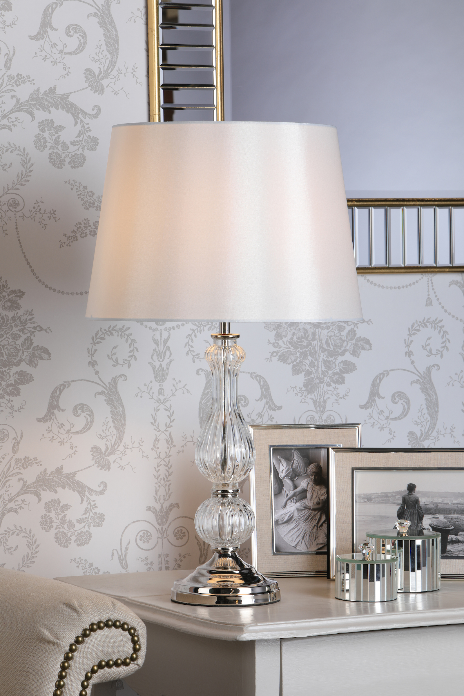 Laura Ashley BRADSHAW Table Lamp Polished Nickel & Ribbed Glass With Shade
