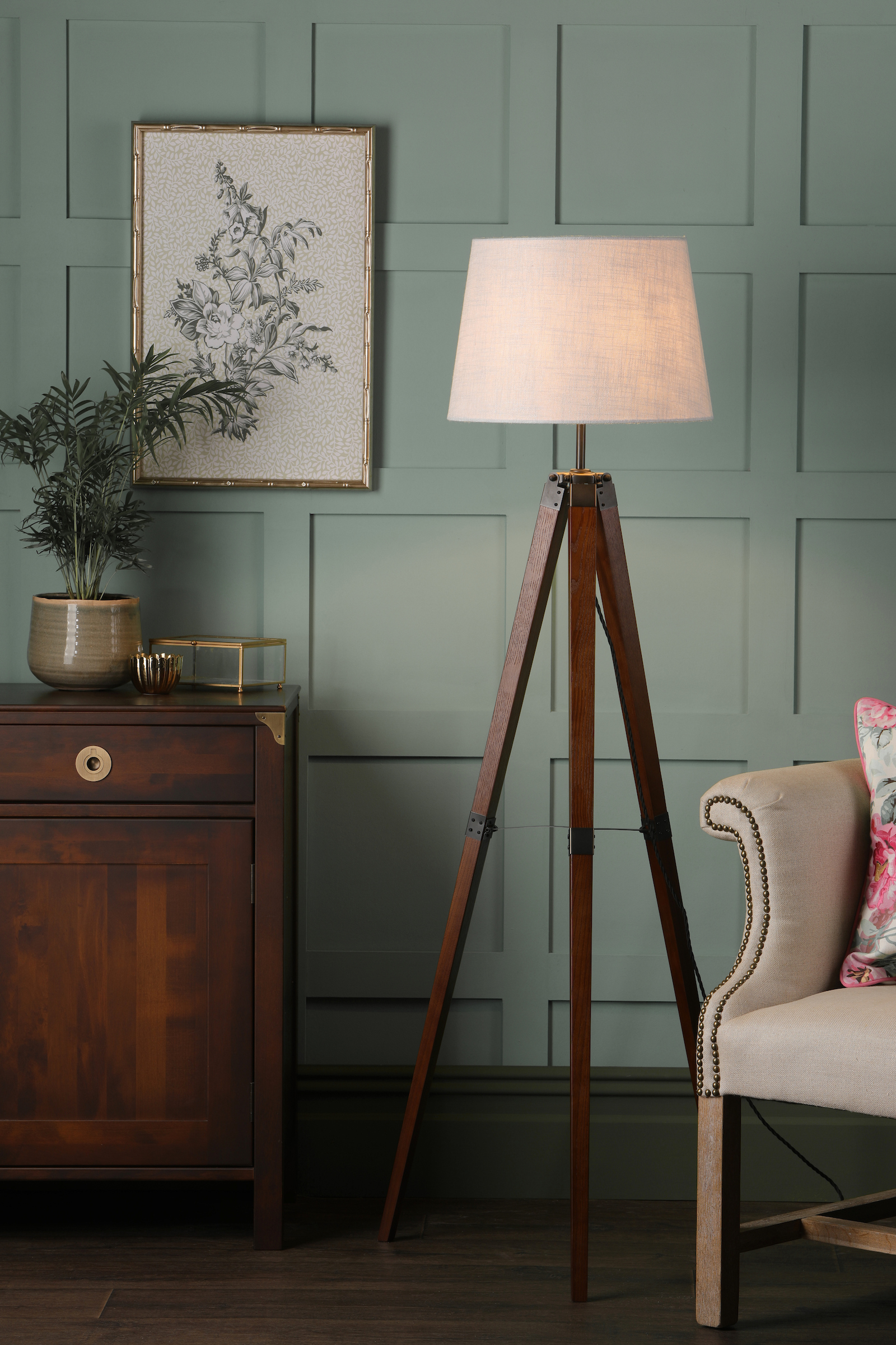 Laura Ashley BURDALE Tripod Floor Lamp Dark Wood & Industrial Brass Base Only