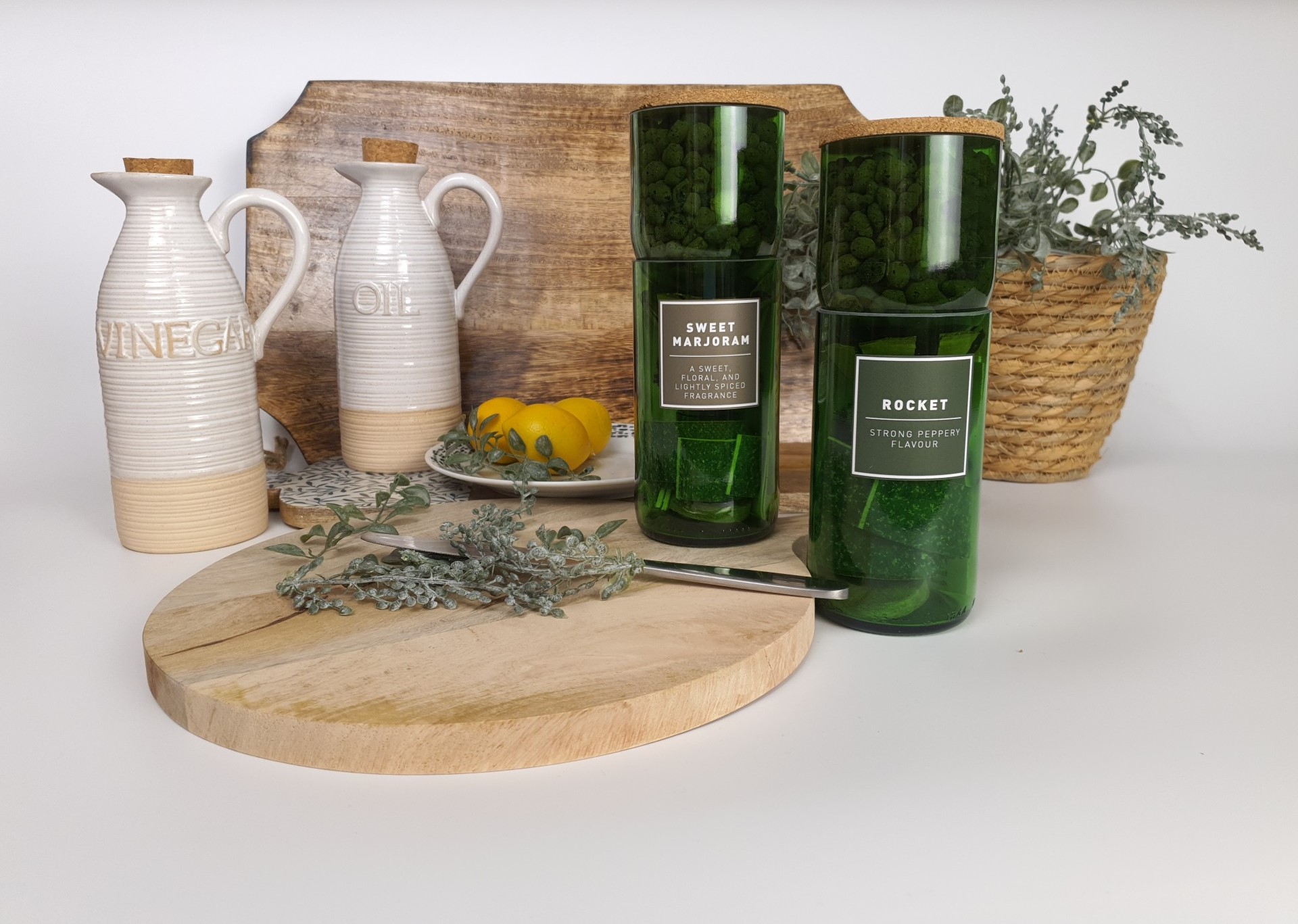 hydro herb kits in front of kitchen utensils