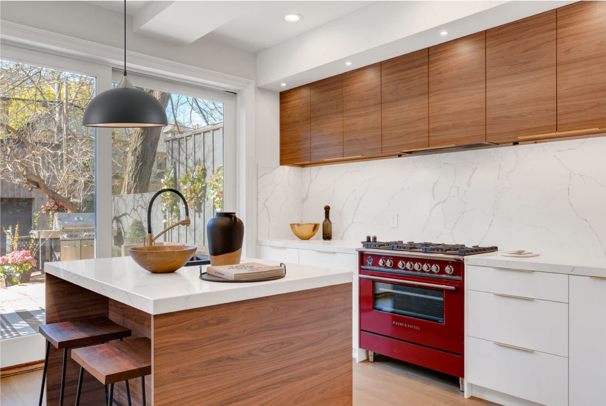Kitchen with Linspiration Lighting ANNA sand grey and satin nickel ceiling pendant light.