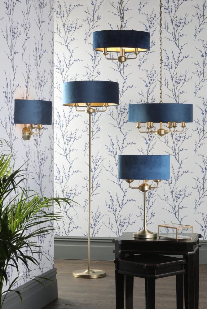 Laura Ashley midnight Sorrento lighting family against midnight pussywillow wallpaper