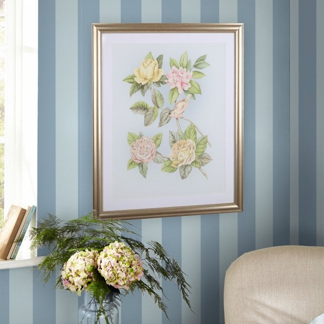 Floral wall art with striped wallpaper