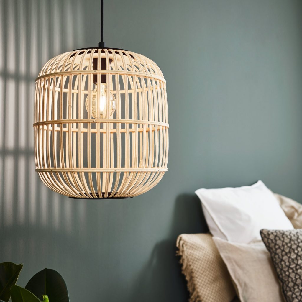 Wood Woven Cage Ceiling Pendant with Black fittings