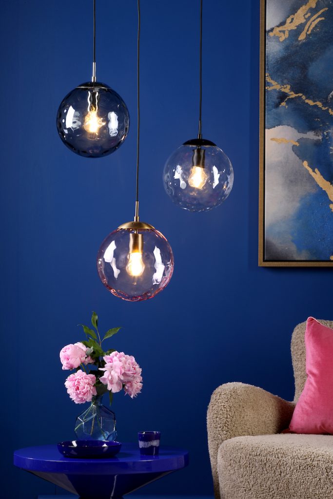Matt Black Suspension with Clear Hobnail Glass Globe Shade Bronze Suspension with Pink Ripple Glass Globe Shade Polished Chrome Suspension with Smoked Glass Shade