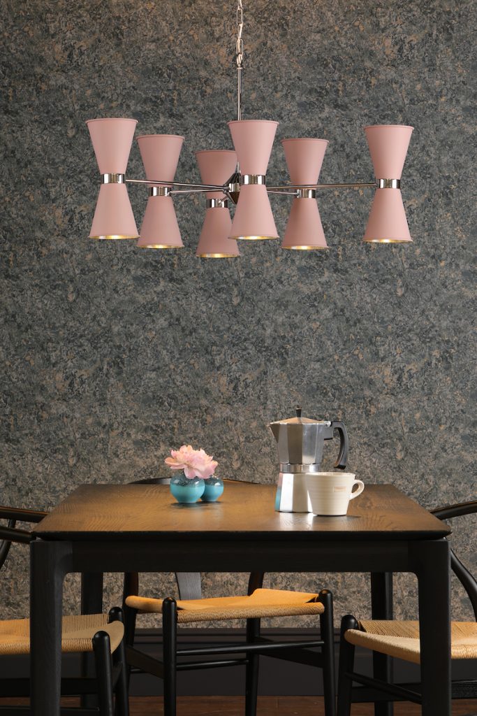 12 Light Ceiling Pendant in Polished Chrome with Blush Pink shades and Butter Brass Inner