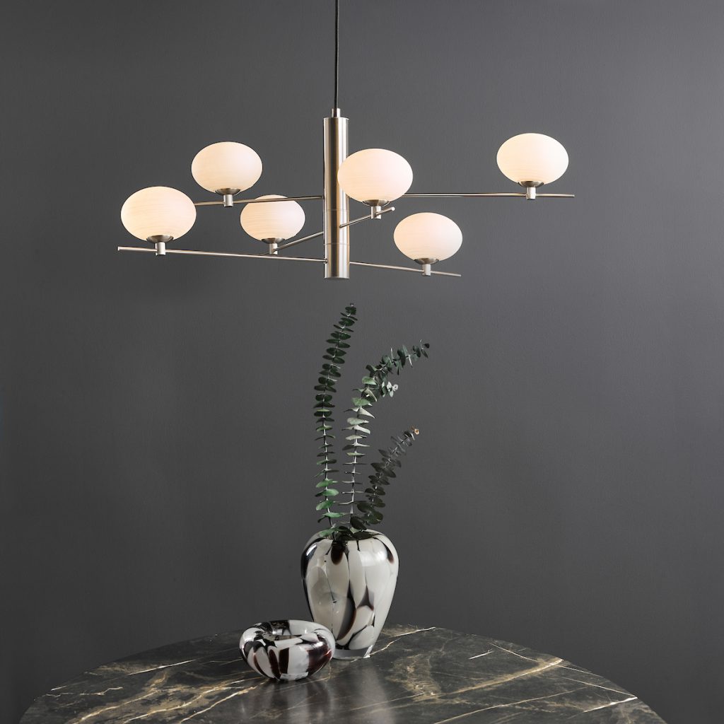 Mid Century Inspired Ceiling Pendant in Satin Nickel and Opal Glass