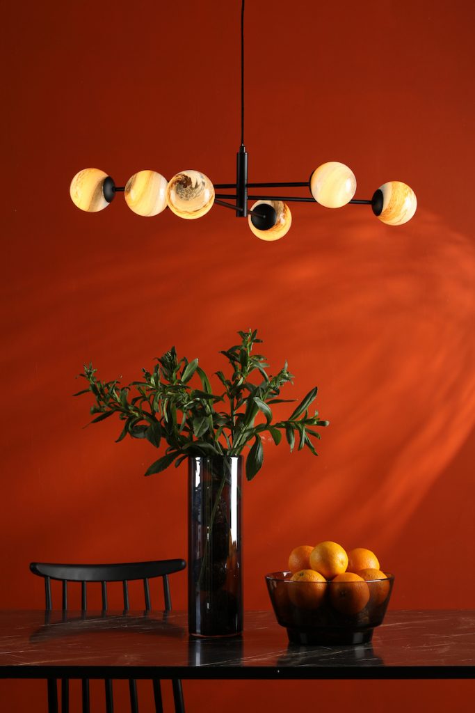 6 Light Pendant Matt Black Fitting with Planet Glass Globe Shades