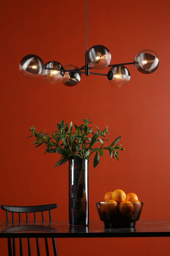 6 Light Pendant Matt Black Fitting with Large Smoked and Clear Ribbed Glass Shades
