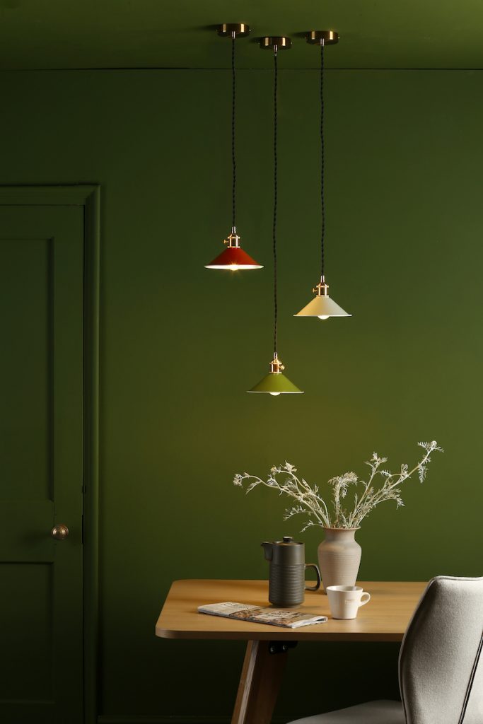 Ceiling Pendant in Natural Brass With Olive Green, Umber &Cashmere Cream Shades