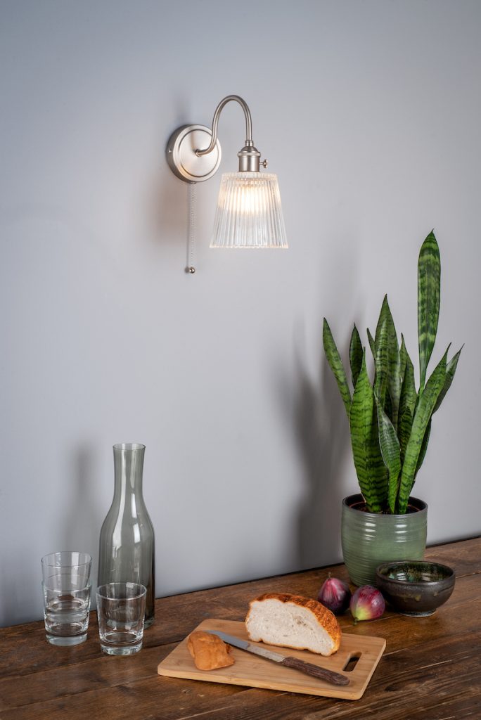 1 Light Wall Light | Antique Chrome With Ribbed Glass Shade