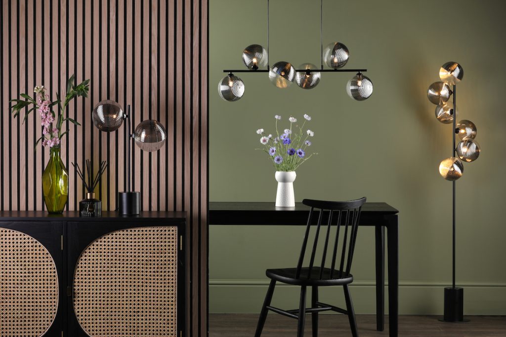 Matt Black 6 Light Bar Pendant, 6 Light Floor Lamp & 2 Light Table Lamp With Smoked & Clear Ribbed Glass