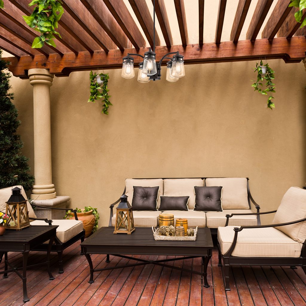 rustic 5 light exterior chandelier in bronze with seeded glasses