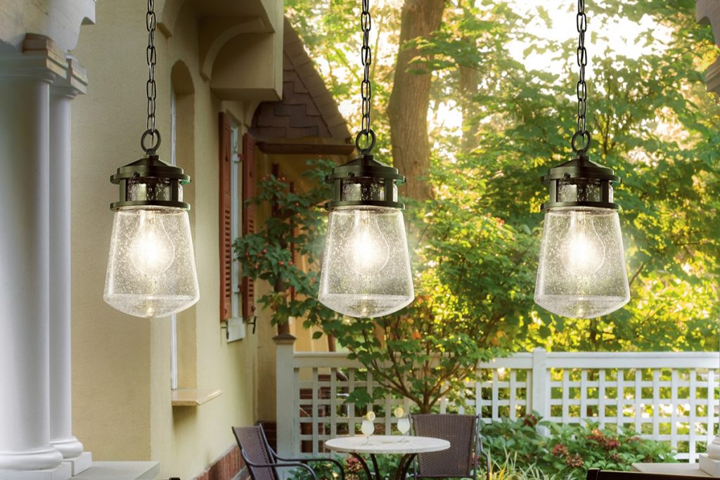 rustic bronze and seeded glass hanging porch light