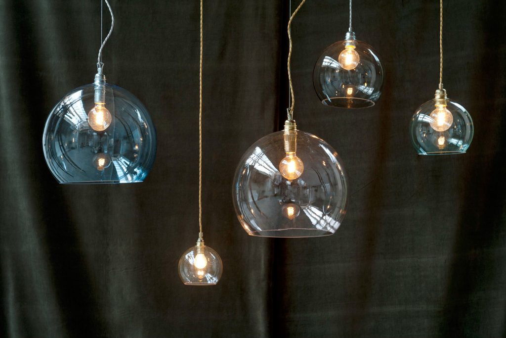 80s inspired large ceilling light with exposed bulb in green, brown, smoked and small in clear glass
