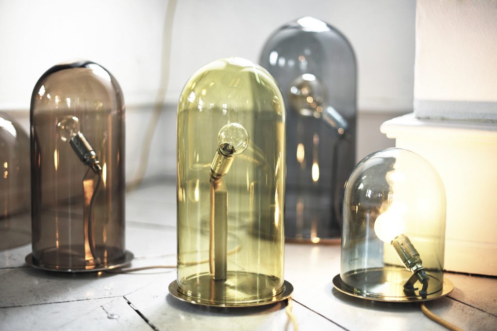 80s inspired large table lamp with exposed bulb in green, brown, smoked and small in clear glass
