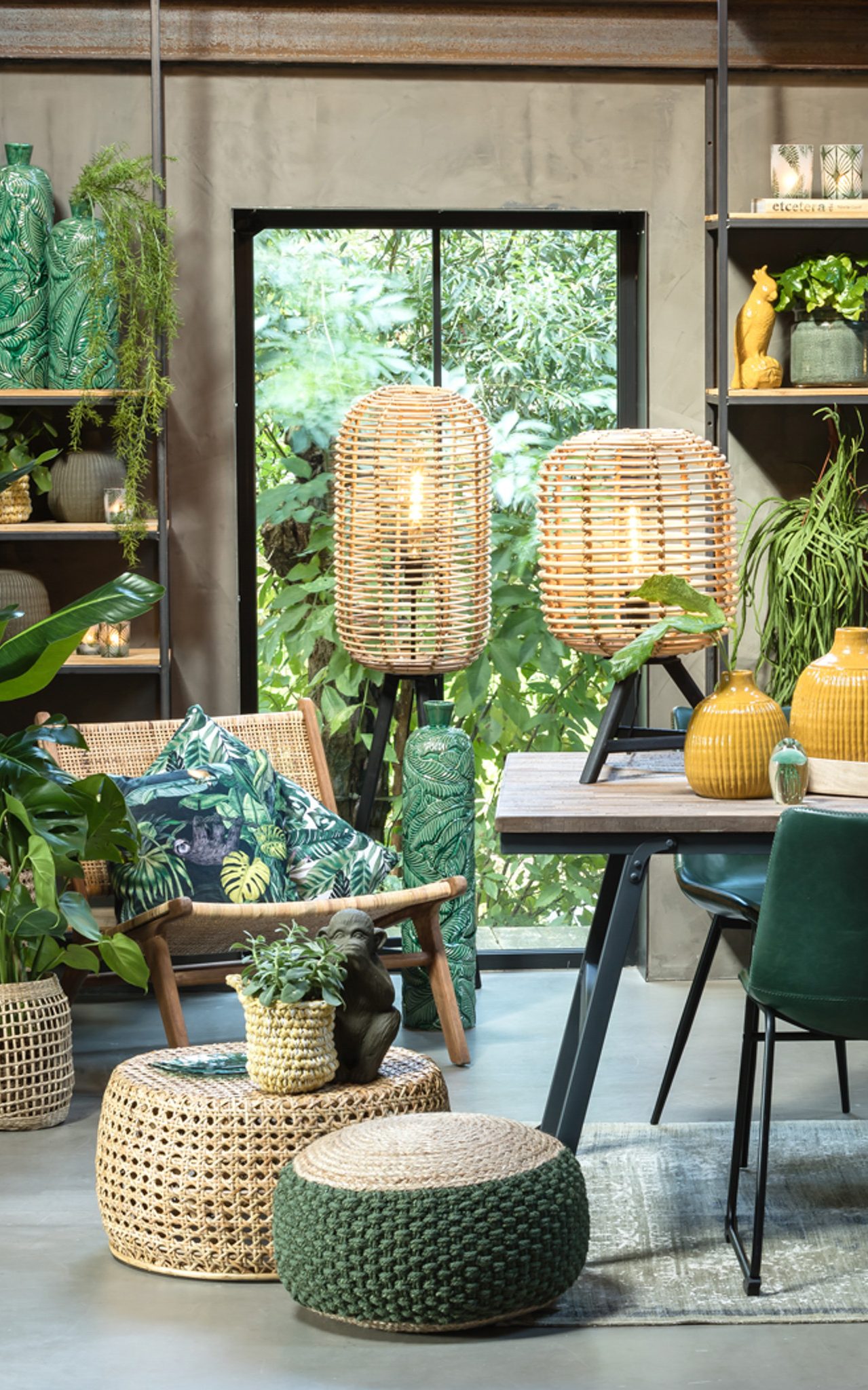 rattan lighting for indoor living room homes, light brown and lightweight look, visible bulb. a mix of light brown, yellow and green furnishings.