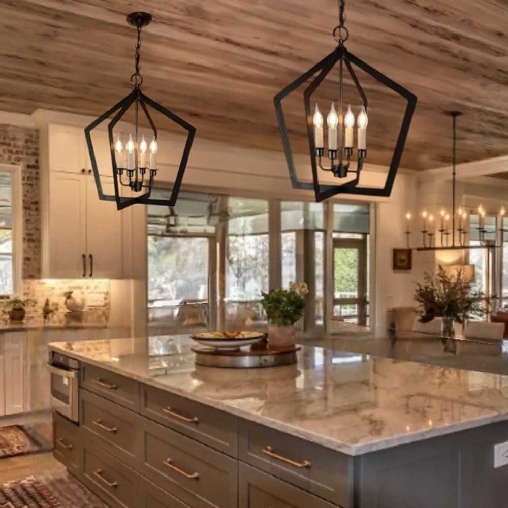 Large Lantern Pendant Lights take center stage above an litchen Island