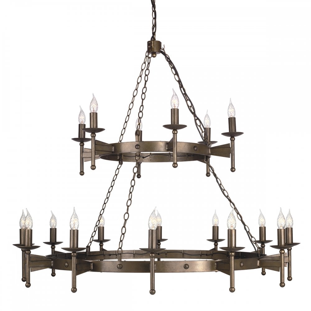 A medieval style hanging, two tier chandelier in wrought iron with an old bronze finish