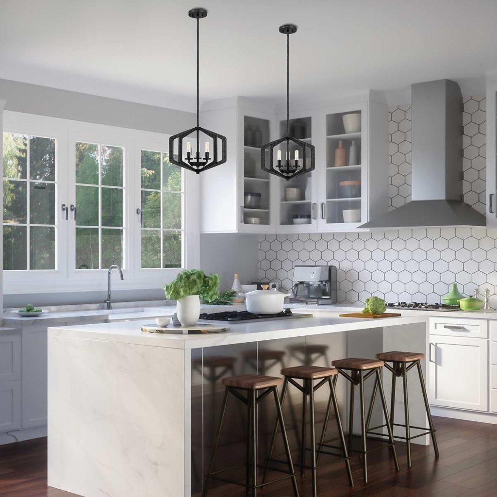 Modern hanging, vintage style black pendants in a modern kitchen