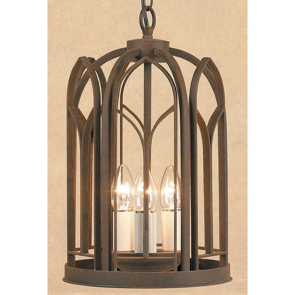 A medieval inspired, hanging iron lantern with candle style bulbs