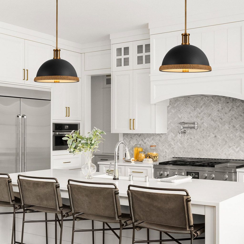 High quality pendant lighting above kitchen island.