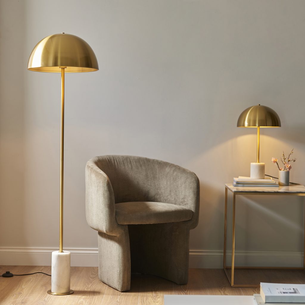 a pair of table and floor lamps with brass dome shade and marble base