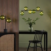 Light fittings with green glass shades.Brighten up a modern room.