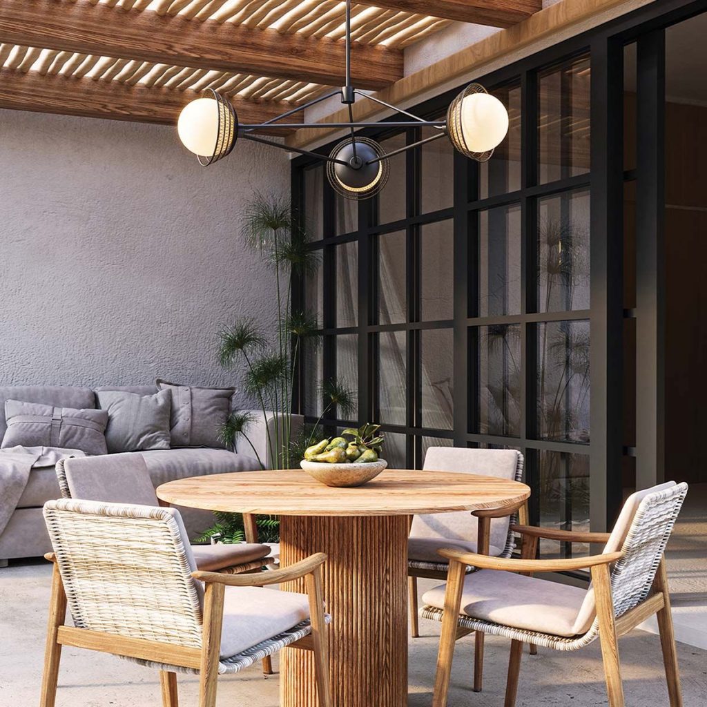 a modern globe hanging pendant light in a conservatory or garden room