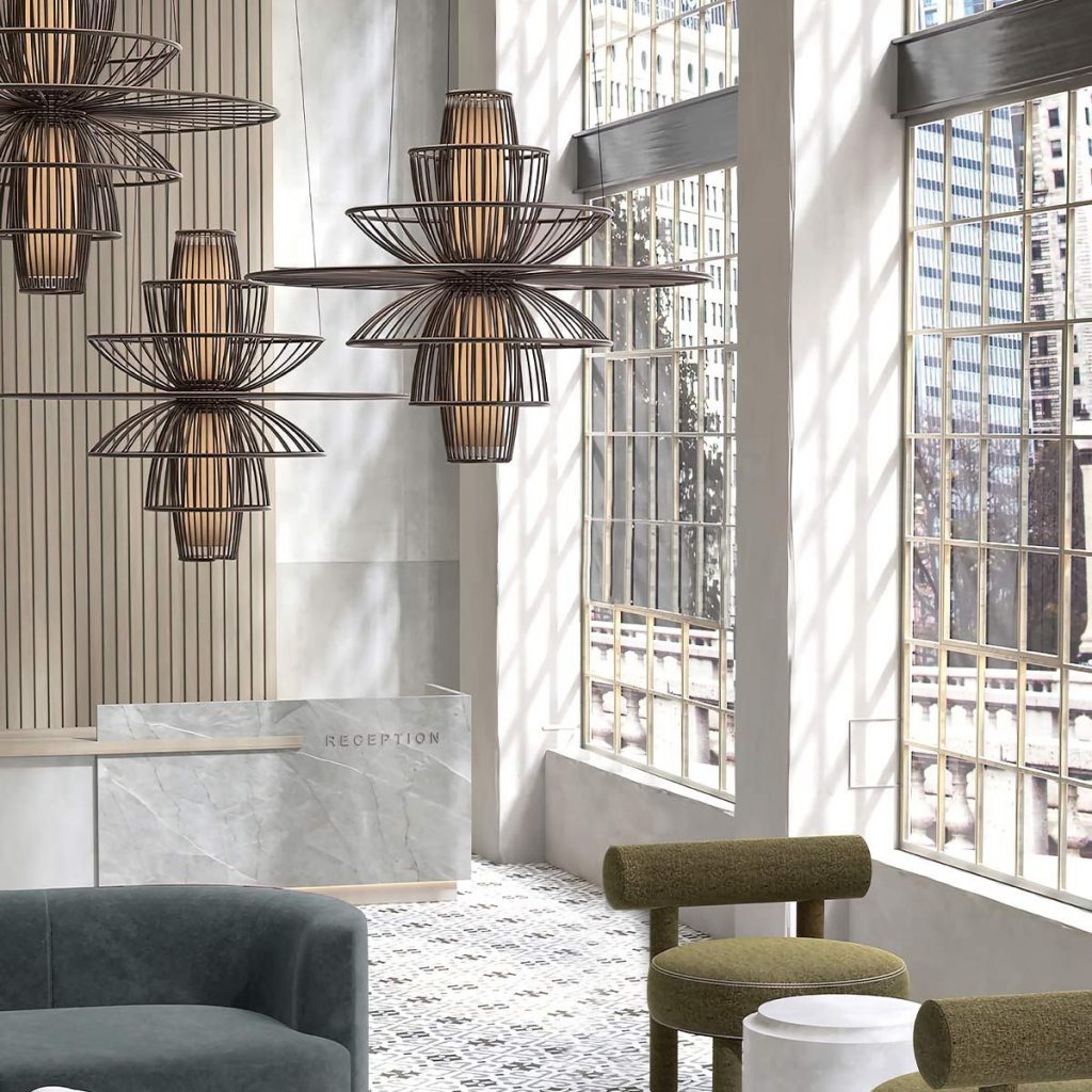 morden rattan style hanging pendant lights in a light and airy loft style apartment