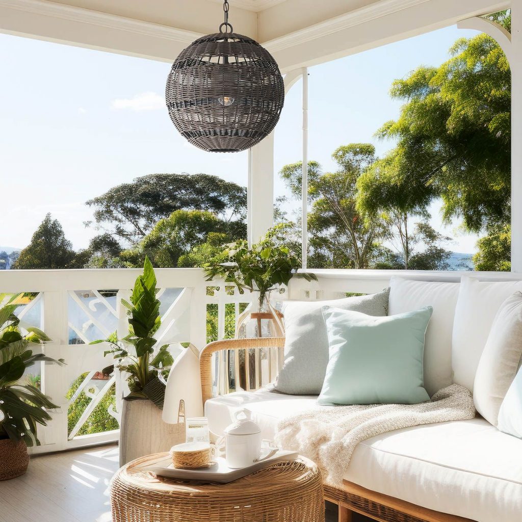 a grey hanging globe pendant light hanging in a veranda