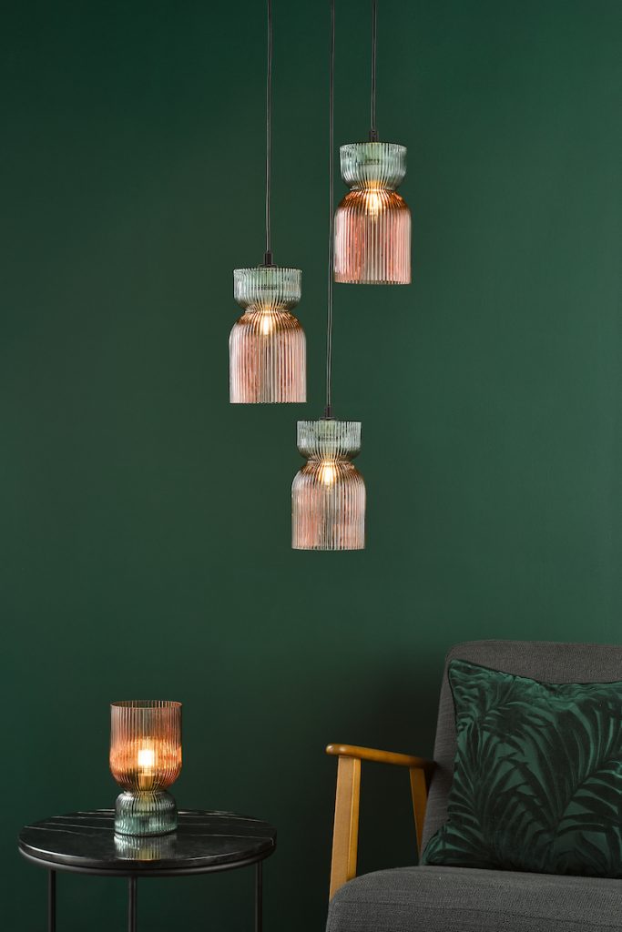 pink and green ribbed glass hanging cluster pendant with matching table lamp